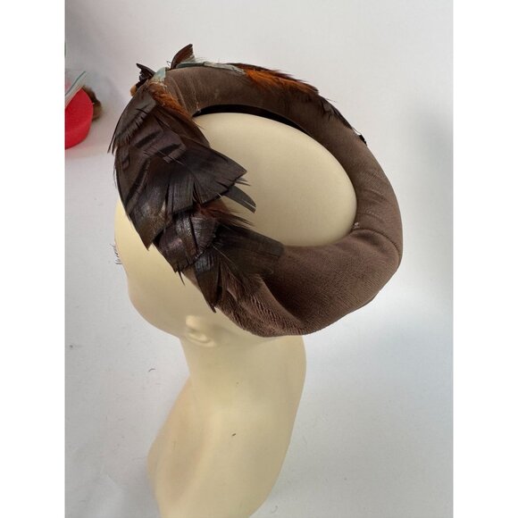 Vintage Feathered Fascinator Hat Brown & Beige Woven Design Womens Accessory Ele - Picture 14 of 14